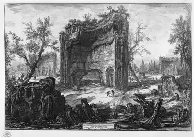 Vue des vestiges des fabriques du deuxième étage des Thermes de Titus. A premier plan. B vestiges du théâtre - Giovanni Battista Piranesi
